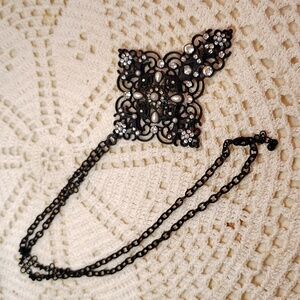 Big Black Ornate Cross Pearl Bead & Stone Necklace 14.5" w 1" Extender